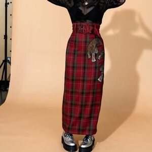 Dressed in LALA Red Plaid Pencil Skirt with Leopard Detail